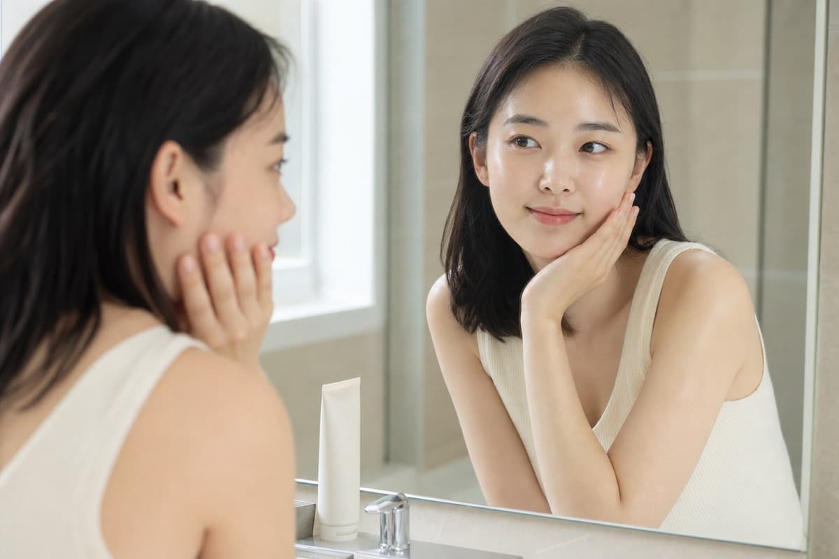 Korean woman checking her hydrated skin in a bathroom mirror after applying an unlabeled barrier cream