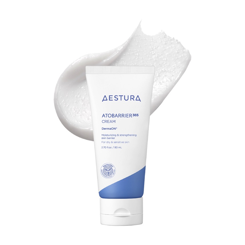 AESTURA Atobarrier 365 Cream tube and white cream texture shown in an official product image