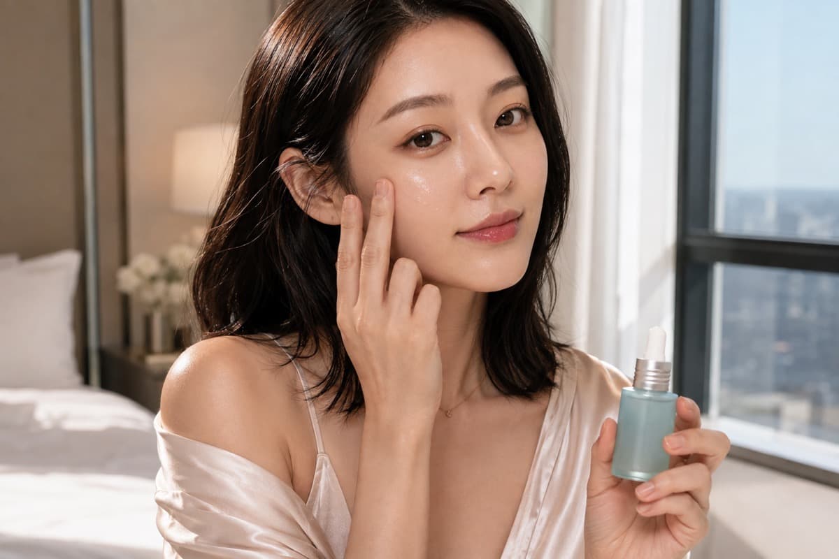 Korean woman patting Anua-style mint serum into her cheek beside a bright bedroom window
