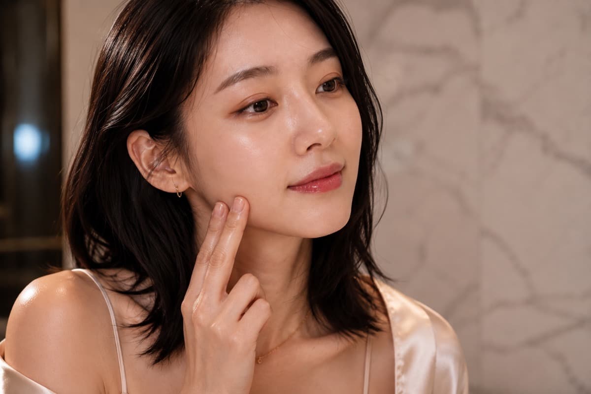Korean woman gently smoothing a thin serum layer along her jawline in a bathroom vanity setting