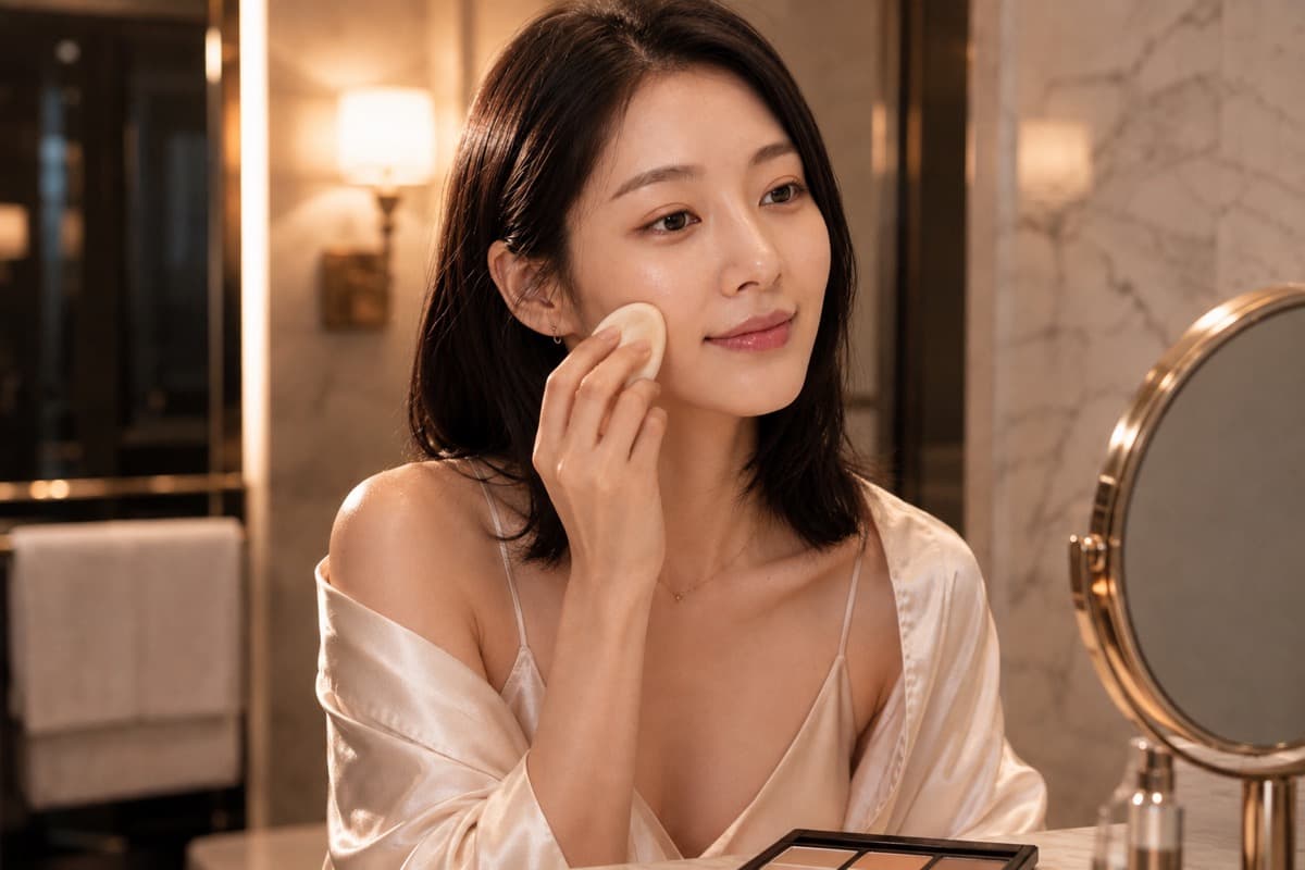 Korean woman applying a sheer foundation over a hydrated, luminous base at an evening dressing table