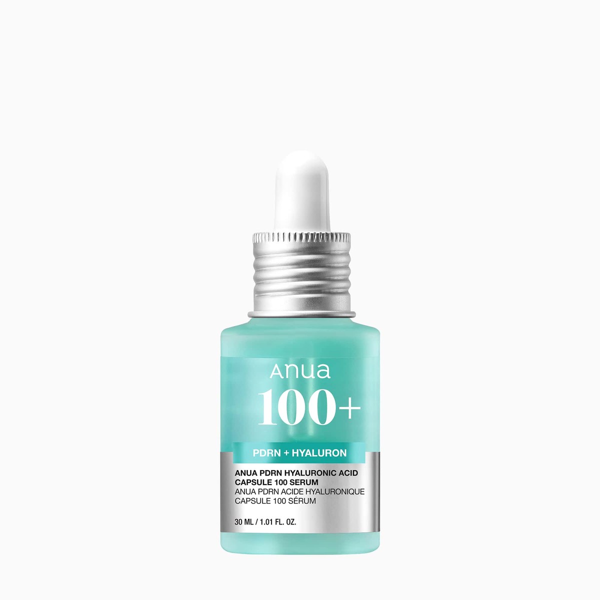 Anua PDRN Hyaluronic Capsule 100 Serum 30mL mint-aqua dropper bottle with a silver collar and white bulb