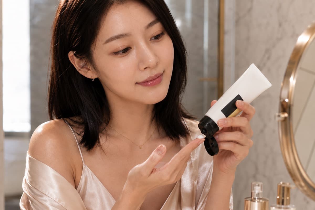 Korean woman dispensing a small amount of white cream from a squeeze tube at a bathroom vanity