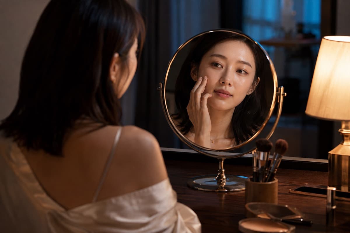 Korean woman patting skincare onto her cheek at a dressing table before makeup