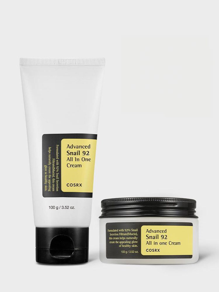 COSRX Advanced Snail 92 All In One Cream white tube and jar on a light gray background