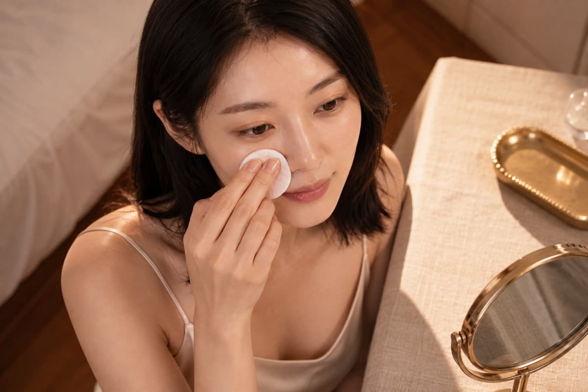 Woman gently applying a watery skincare product with a cotton pad around the side of her nose at a dressing table