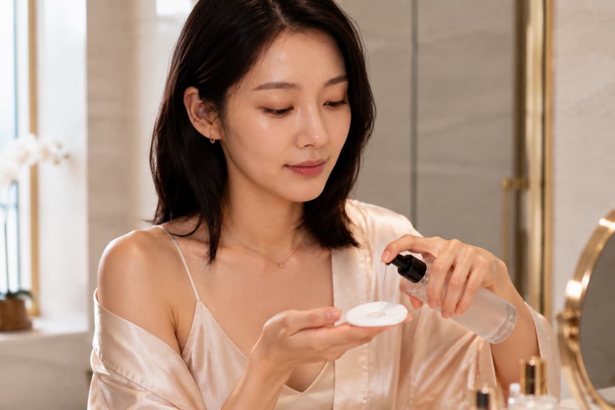 Woman dispensing clear skincare liquid from an unlabelled clear pump bottle onto a cotton pad in a marble bathroom
