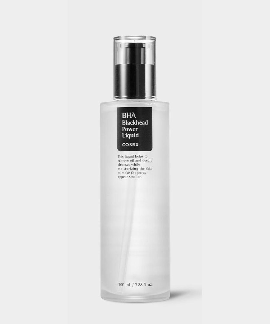 Tall clear COSRX BHA Blackhead Power Liquid bottle with a black pump and dark label
