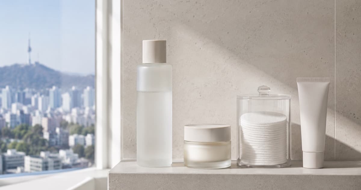 A minimal bathroom shelf with unlabeled skincare bottles, a cream jar, a tub of cotton toner pads and a sunscreen tube in soft morning light, with the Seoul skyline and N Seoul Tower visible through the window