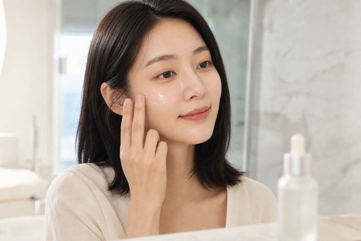 Korean model applying an unlabeled watery ampoule to her cheek beside a dropper bottle