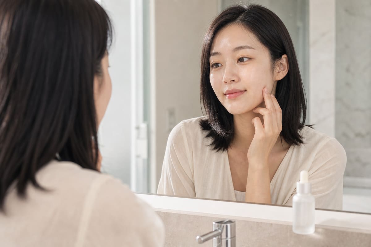 Korean model checking her skin in a bathroom mirror with an unlabeled dropper bottle by the sink